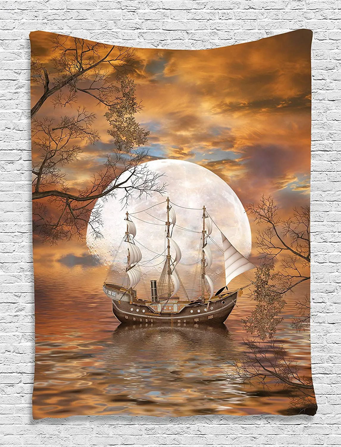 Sailboat Art Full Moon Фея сцена с современные абстрактные картины гобелен настенный для гостиной, спальни, комнаты, украшения в общежитии