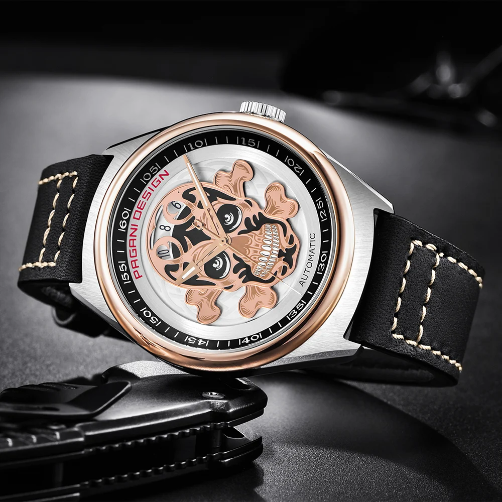PAGANI DESIGN Brand Men's Classic 3D Skull Punk Style Mechanical Watches Waterproof 30M Genuine Leather Luxury Automatic Watch | Наручные