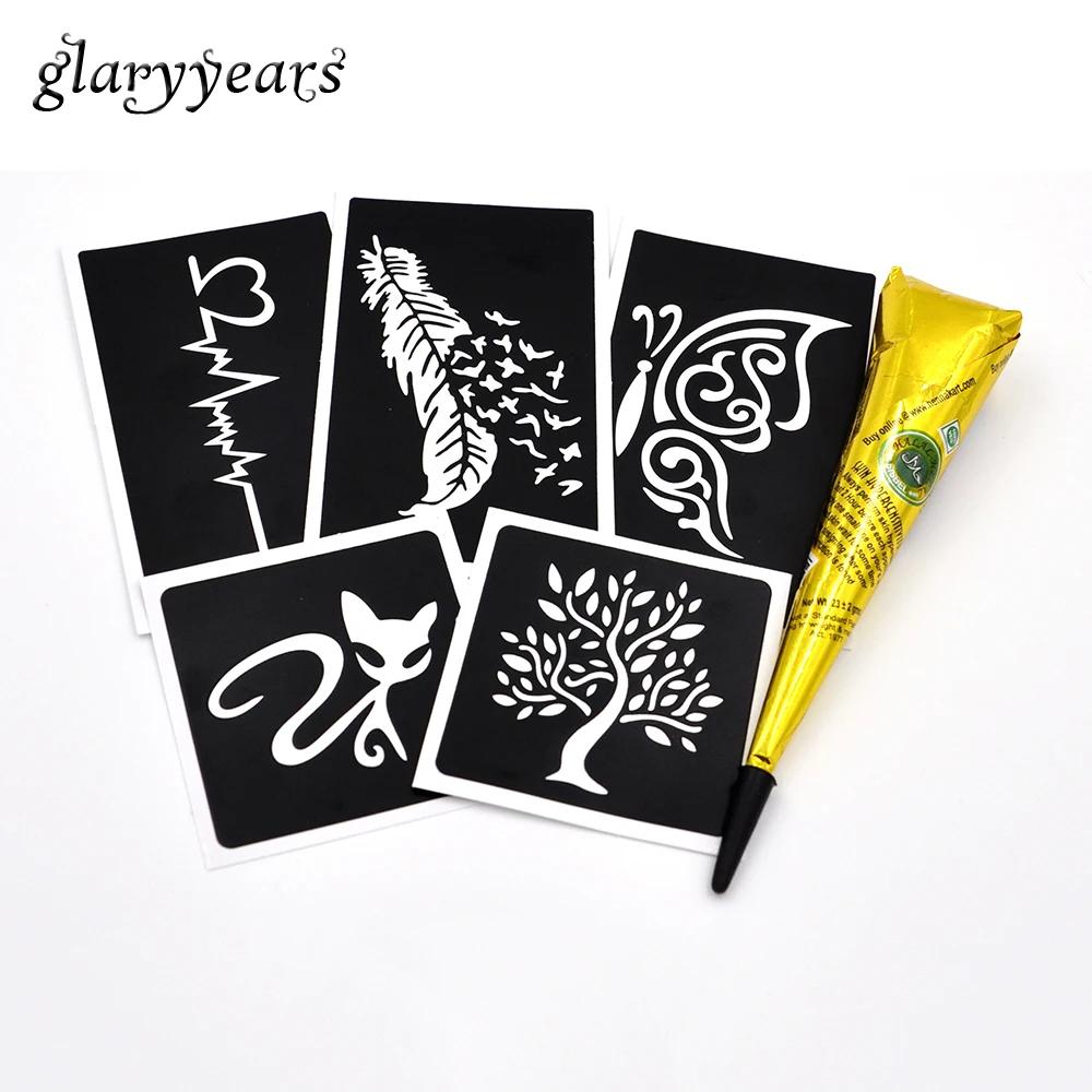 Трафарет для татуировки хной 5 шт. + черная паста хны 1 краска боди арта индийская