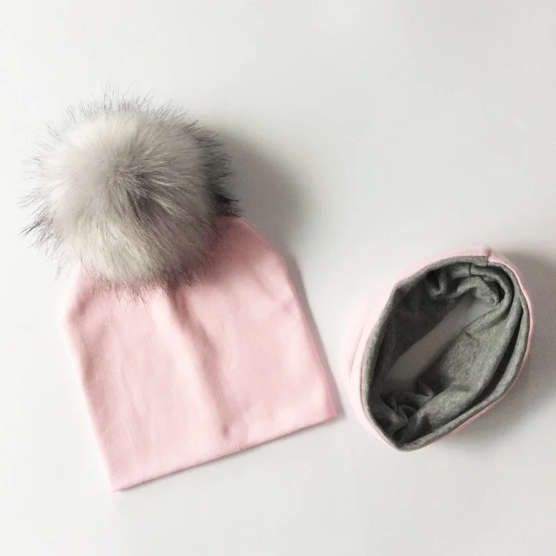 pink Детская шапка для девочек из искусственного меха, помпон, шапка, шарф, комплект для детей, зимние шапки для мальчиков, хлопковая детская шапка, детская шапка, шапка - Цвет: pink