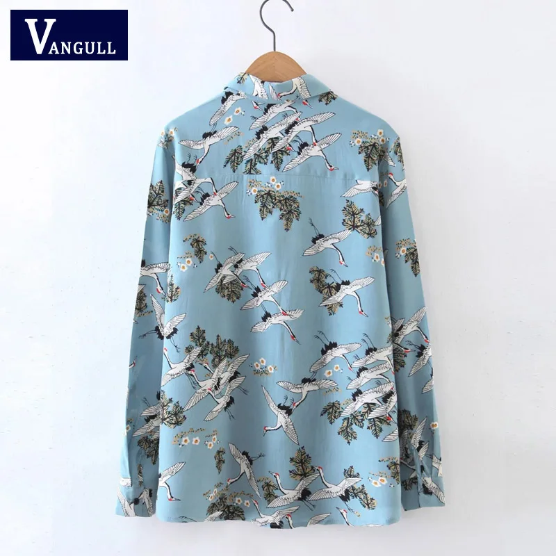 Crowned crane blouse women tops swan birds print shirt blouses 2018 new long sleeve shirts sky color chemise femme blusa |