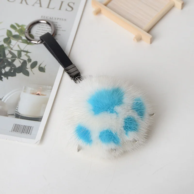 White Sky Blue Настоящий норковый мех кошачья лапа брелок сумка Висячие Подвески Аксессуары для мобильных телефонов автомобильные женские Брелки с помпоном - Цвет: White Sky Blue