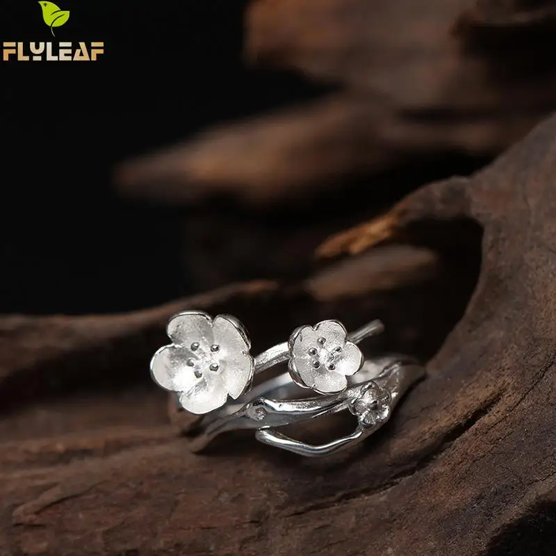 Женские открытые кольца с цветком сливы из стерлингового серебра 925 пробы в