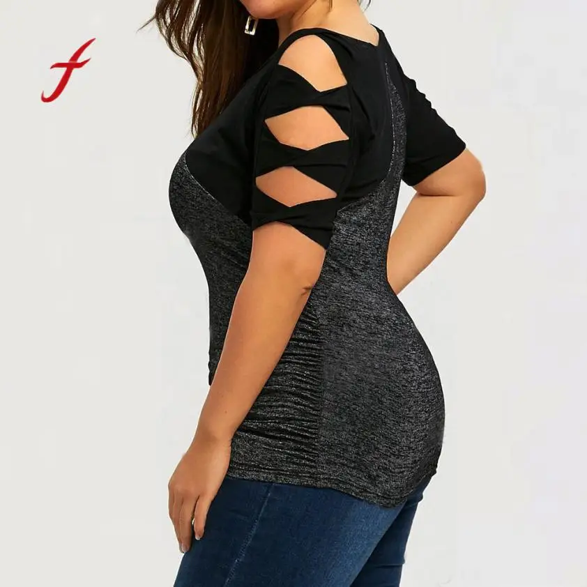 Women Plus Size Hollow Out Patchwork Splice Bow Pullover Female Large Short Sleeve Tops Shirt Tee T-Shirt Casual Clothes 2018 | Женская