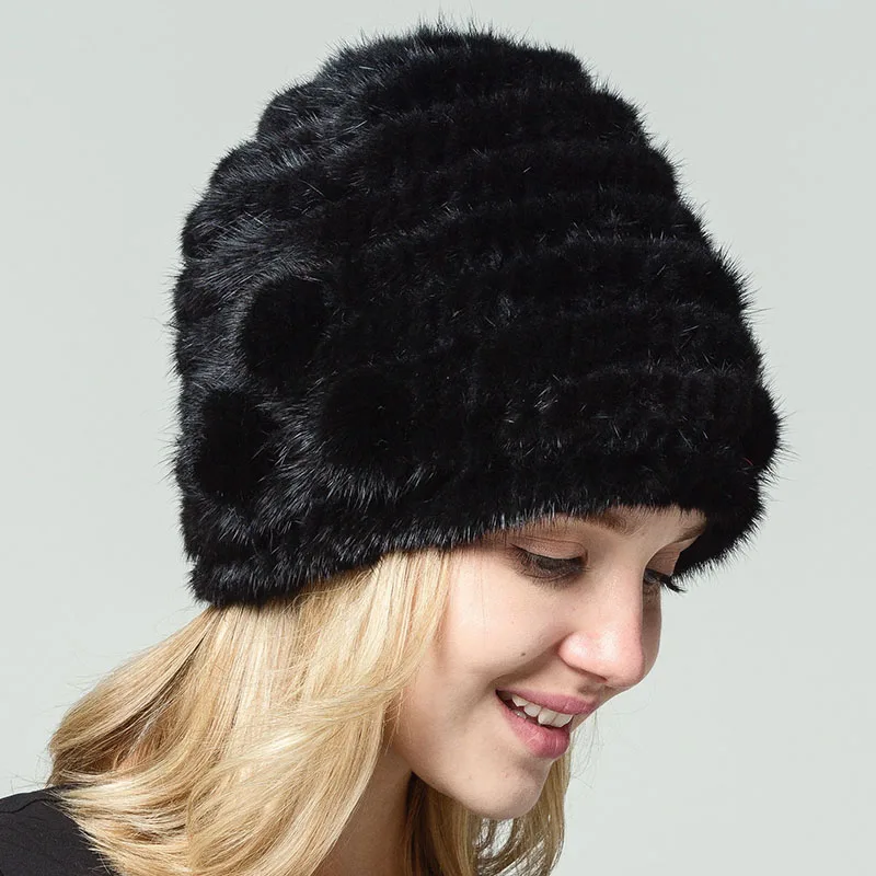 Женская Шапка бини из натурального меха норки с помпоном|fur pompom beanie|pompom beaniewinter hat