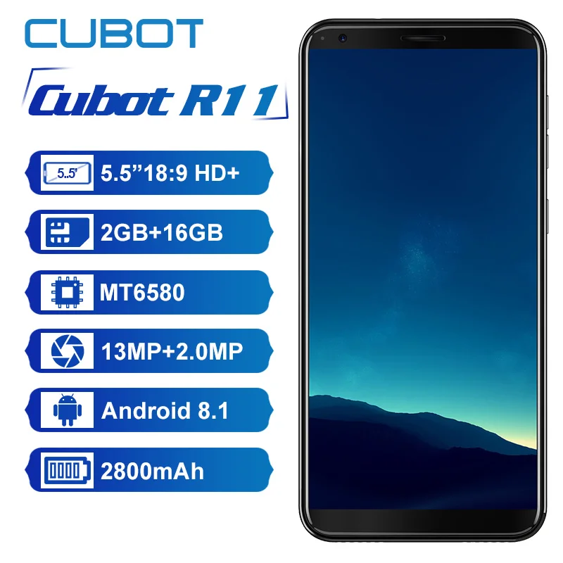 Cubot R11 Android 8 1 18:9 2 GB 16 MT6580 4 ядра отпечатков пальцев Смартфон 5 '񟤐x720 HD + Экран