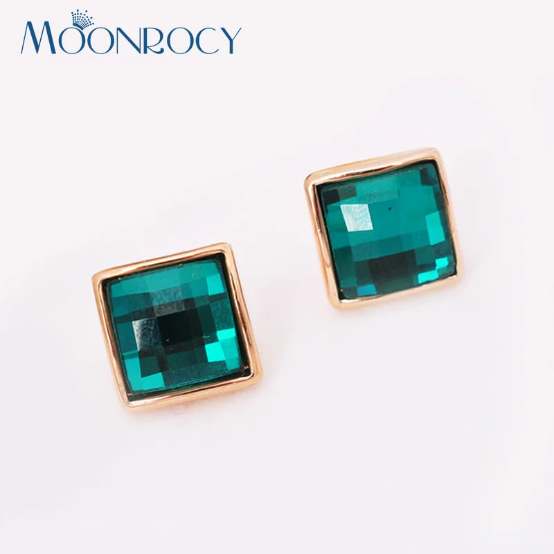 Женские серьги с кристаллами MOONROCY розовое золото квадратные синие фиолетовые
