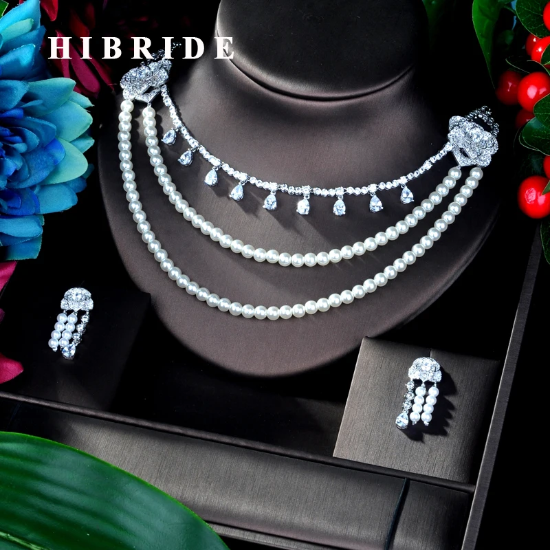 HIBRIDE Роскошные 3 слоя жемчуга и AAA кубический циркон женские свадебные ювелирные