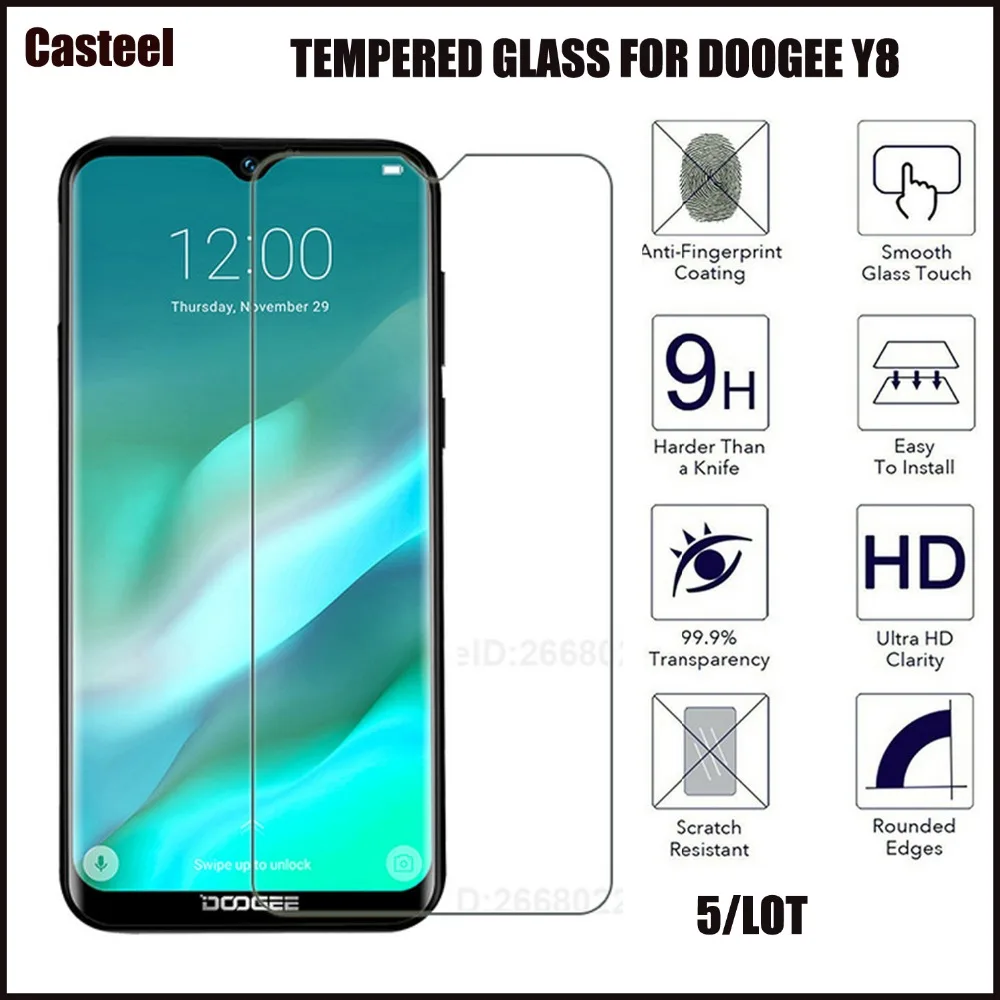 

Casteel 5/lot 0.3mm 9H Premium 2.5D Curved Edge Tempered Glass For Doogee Y8 X90 X90L Screen Protector Film