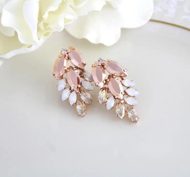 Rose Gold Earrings Bridal Jewelry Crystal Cluster Blush Stud | Украшения и аксессуары