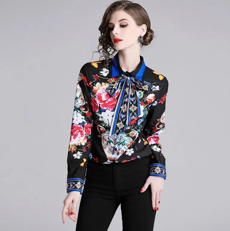 Spring summer women's long sleeve vintage flower print shirt female european fashion casual loose chic shirt blouse TB928