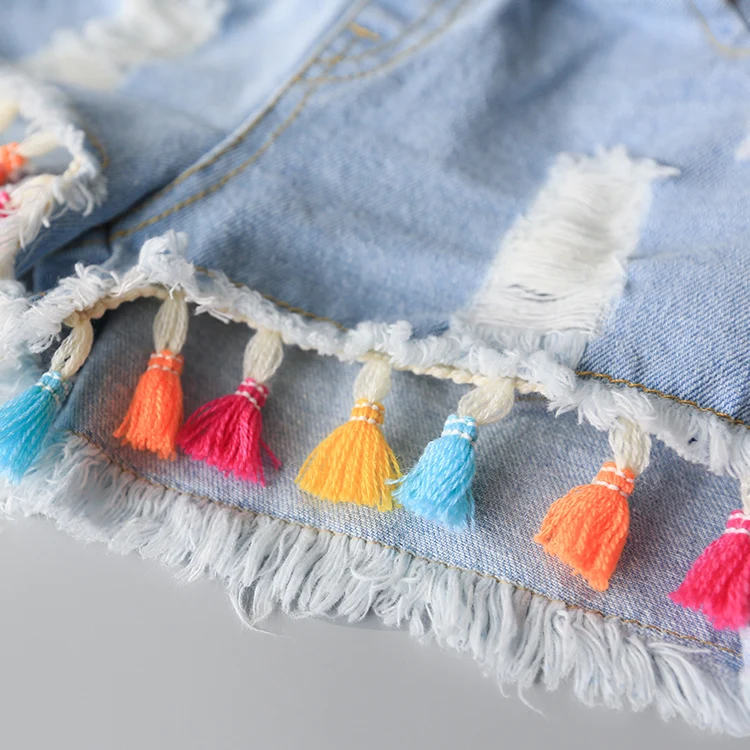 

baby girls shorts 2019 summer kids cotton shorts solid denim ripped children jeans pants tassel girls beach shorts kids trouser