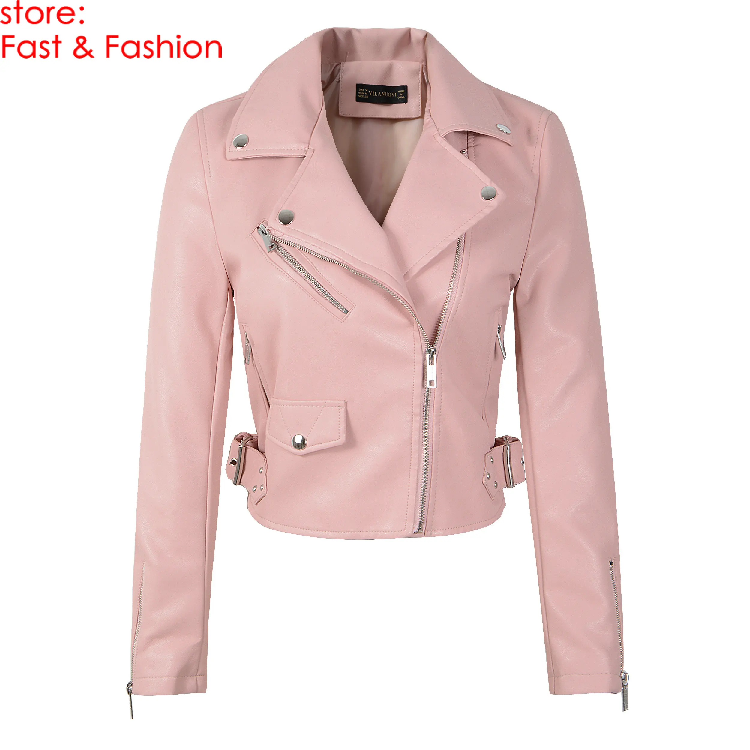 Y8829 Pink Новинка, модные женские осенние куртки и пальто из мягкой искусственной кожи с заклепками, Женская Байкерская верхняя одежда из искусственной кожи с длинным рукавом на молнии - Цвет: Y8829 Pink
