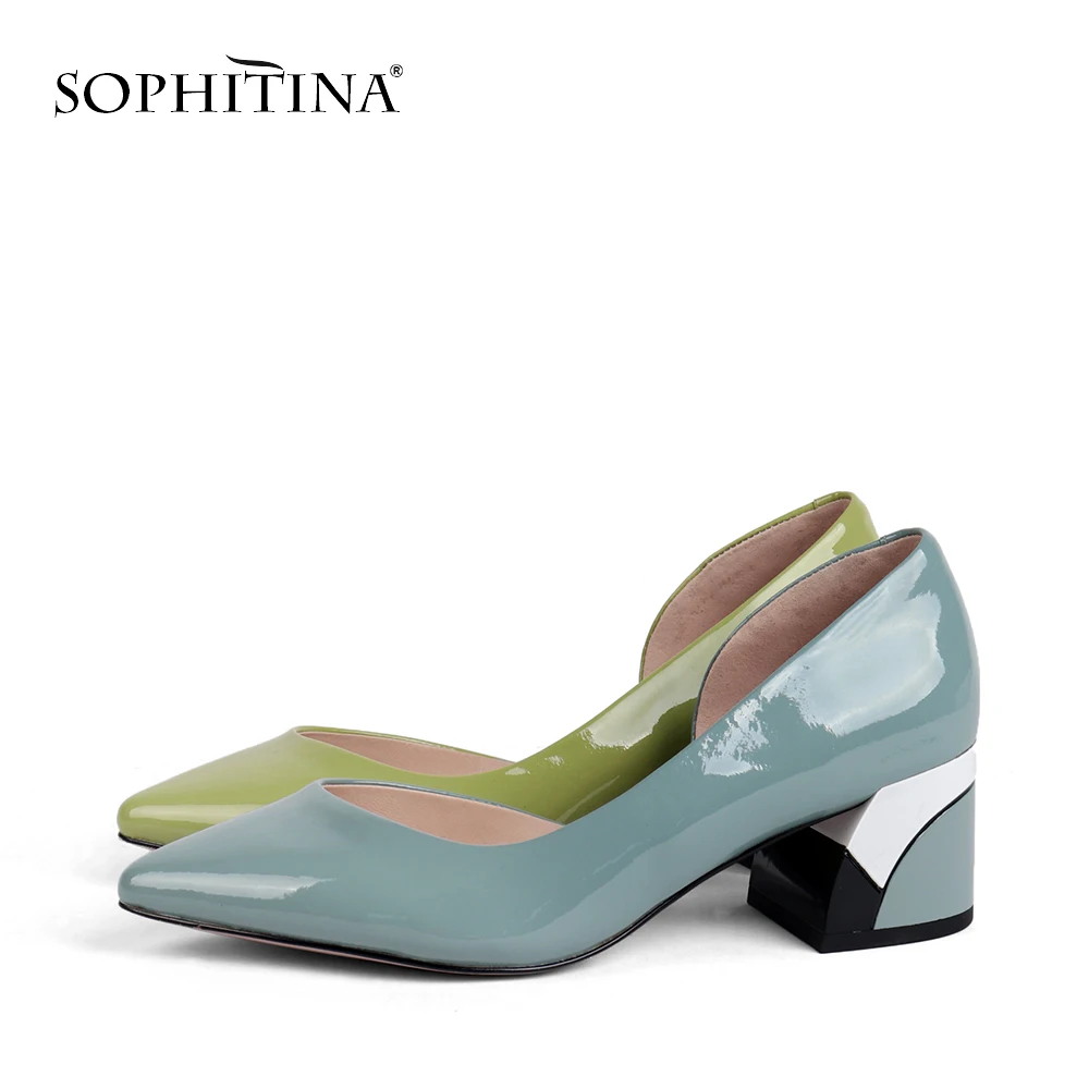 SOPHITINA/Новинки 2019г. Удобная летняя обувь с открытым боком на дизайнерском трехцветном каблуке. Женские летние туфли из лакированной кожи модного цвета, подкладка из свиной кожи. Босоножки с заостренным носкомSC163