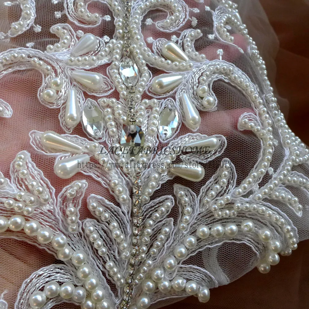 

La Belleza Off white Handmade beading pearls rhinestones patch wedding dress patch 32*35cm