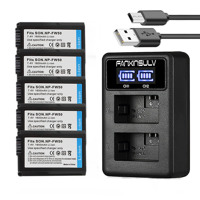 5 шт. NP FW50 батарея для камеры + LCD USB двойное зарядное устройство Sony Alpha a7r2 a6500 a6300 a6000