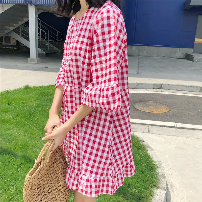 2018 Summer New Female Korean style loose Flare Sleeve short-sleeved Retro plaid Dress Student Fashion Sweet Cute | Женская одежда