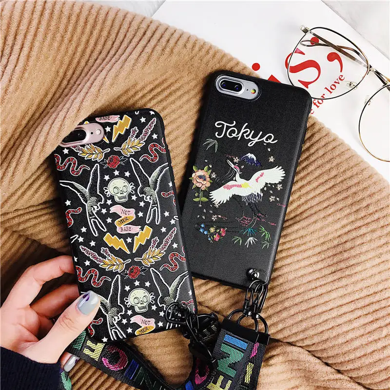QINUO Cool Skull Hummingbird relief Strap Case For iPhone 6 6s 7 8 Plus Abstract Crane Flower Soft X XS Max XR |