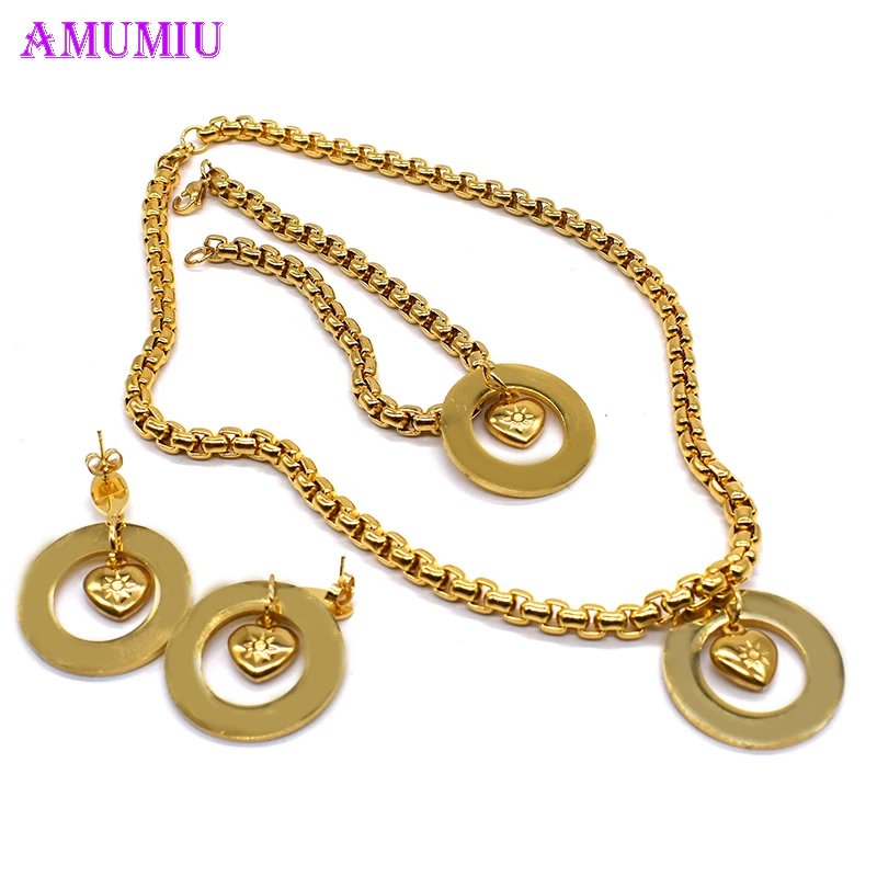 

AMUMIU Trendy Style Women's Gold Stainless Steel Solid Heart Round Charm Necklace Bracelet Jewelry Set Mother's Day Gift JS036