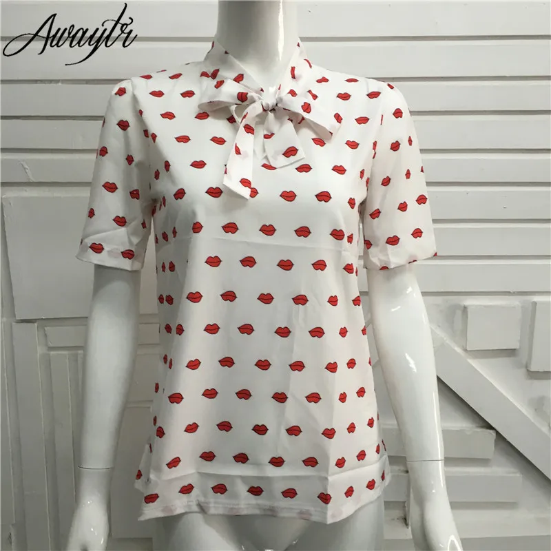 Женская шифоновая блузка с принтом Красного рта элегантная рубашка коротким