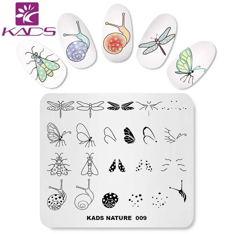 KADS Nature-009 пластины для стемпинга ногтей Бабочка Стрекоза Улитка Мотылек дизайн ногтей слоистый штамп маникюрный шаблон инструменты для ногтей
