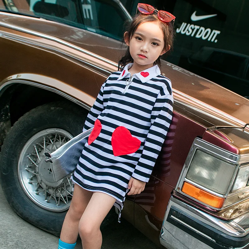 Платья для девочек платья в полоску с рисунком сердца осенние детские зимняя
