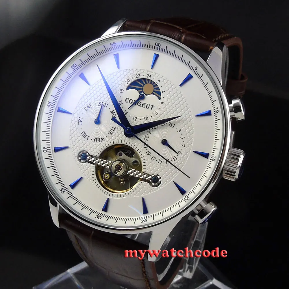 44 мм автоматические мужские наручные часы с белым циферблатом лунной фазой