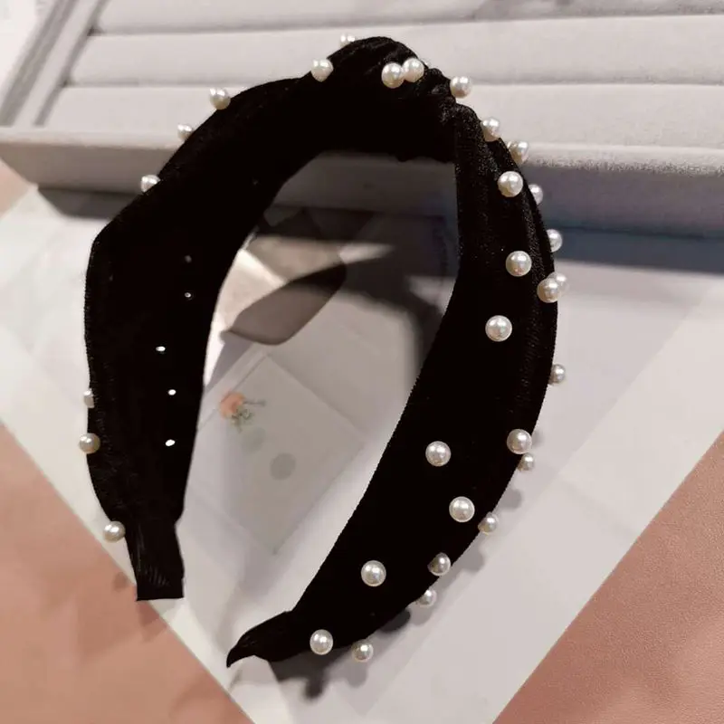 black Ruoshui бархатная Жемчужная Повязка для волос для женщин Элегантная повязка на голову Женский обруч для волос женские аксессуары для волос головной убор ободок резинка для волос, тюрбан - Цвет: black