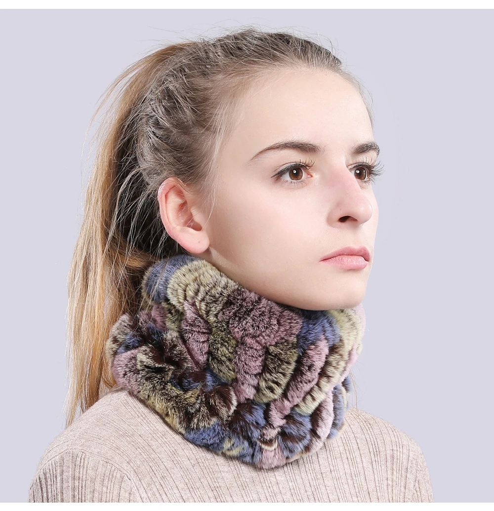 Women Real Fur Handmade Stretch Fur Scarf Knit Genuine Rex Rabbit Fur Headbands Girls Natural Fur Ring Cowl Snood Scarves Winter