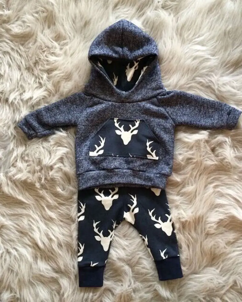 2020new fall autumn Newborn Baby Boy Girls Clothes Cute Tops Hooded + Deer Long Trousers 2pcs Outfit Kids infant Clothing Set | Детская