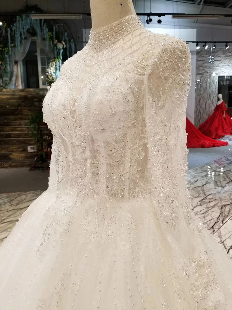 LSS289 like white wedding dress boho long sleeve open back high neck cheap gown with train illusion robe blanche | Свадьбы и