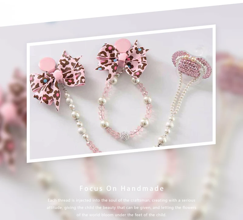 Dollbling, детские соски с жемчугом, клипса, держатель на цепочке, на заказ, с кристаллами, бисероплетение, пустышка на цепочке, розовый леопард, пустышка на цепочке, без соски