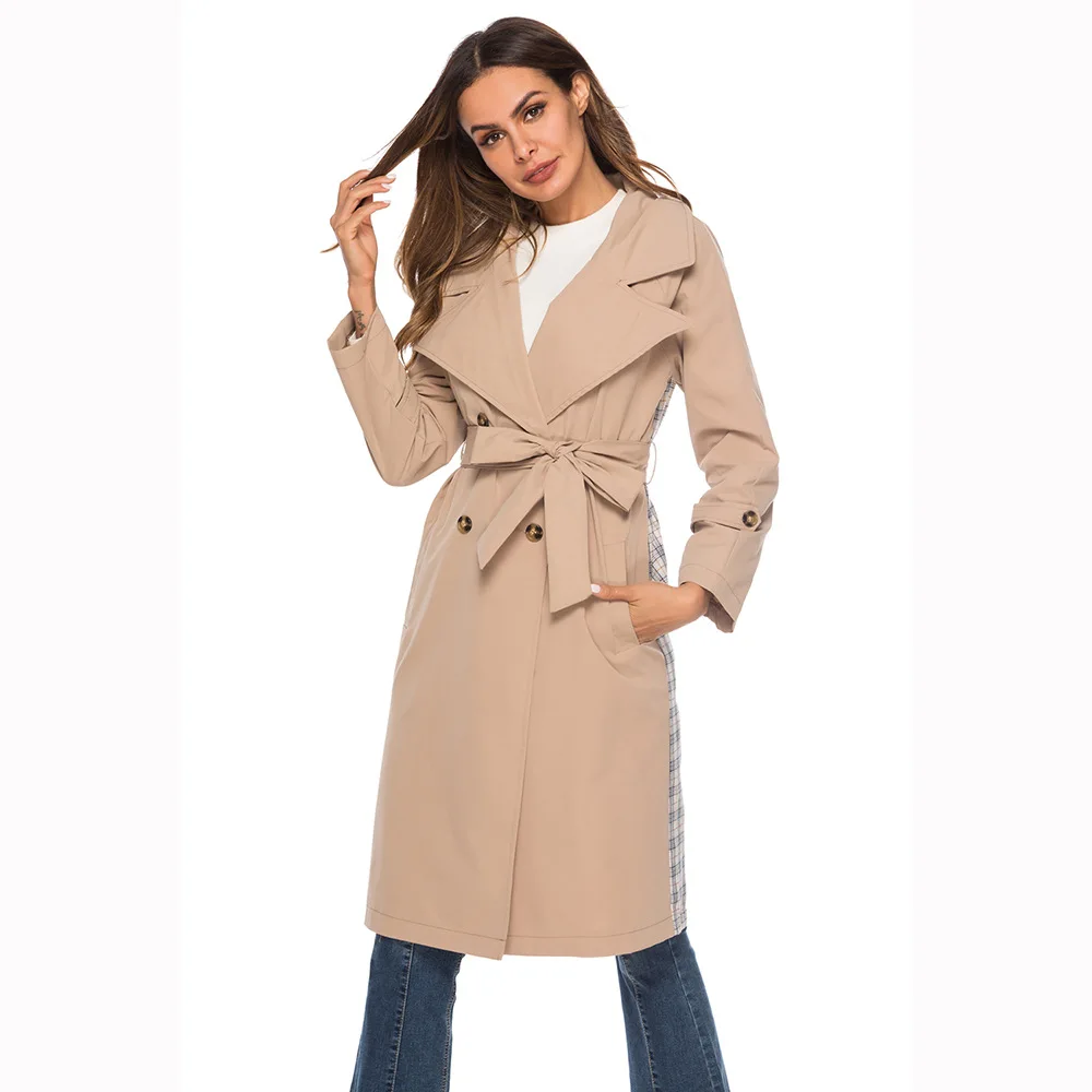 2018 Осень Зима Новая женская ветровка Kahki Плед Turn-Down воротник с длинным рукавом