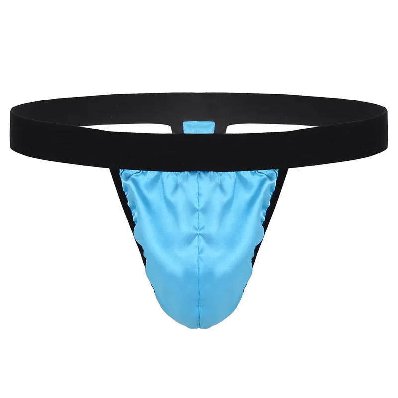 Light Blue Мужское нижнее белье с высокой посадкой, мягкий блестящий атлас, низкая посадка, бикини, стринги, нижнее белье, сексуальные мужские трусы-танга - Цвет: Light Blue