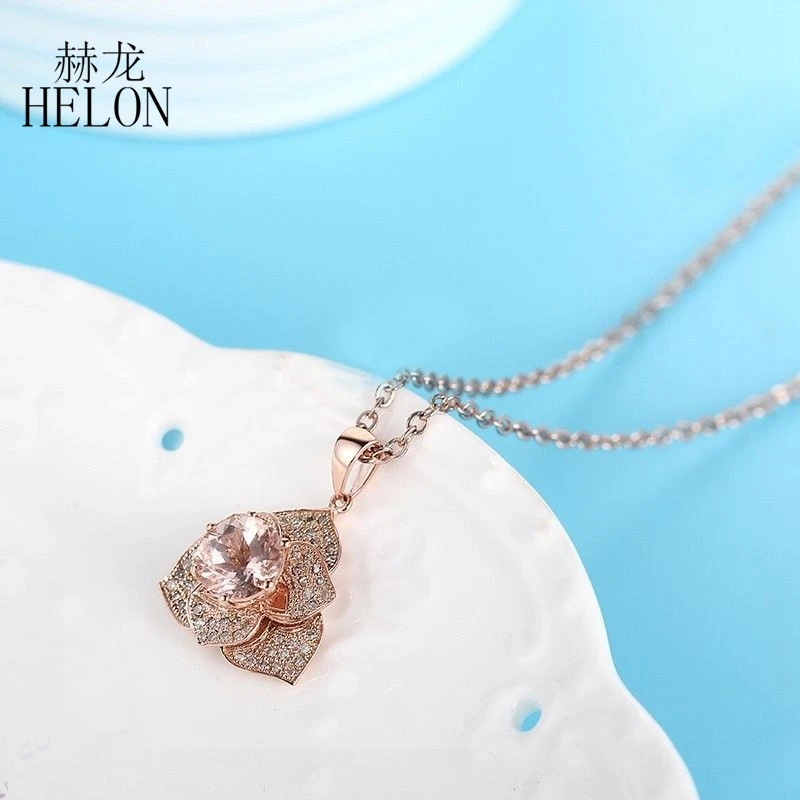 HELON Solid 10k розовое золото безупречный Круглый 7 мм натуральный морганит& алмазный кулон женский цветок ювелирные изделия Элегантный драгоценный камень кулон