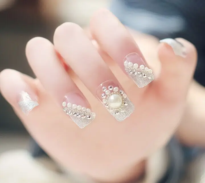 Free Shipping 24pieces/lot Transparent Beautiful Finished Produc Pearl Full False Nails plate Tips with Rhinestone Wholesale | Красота и