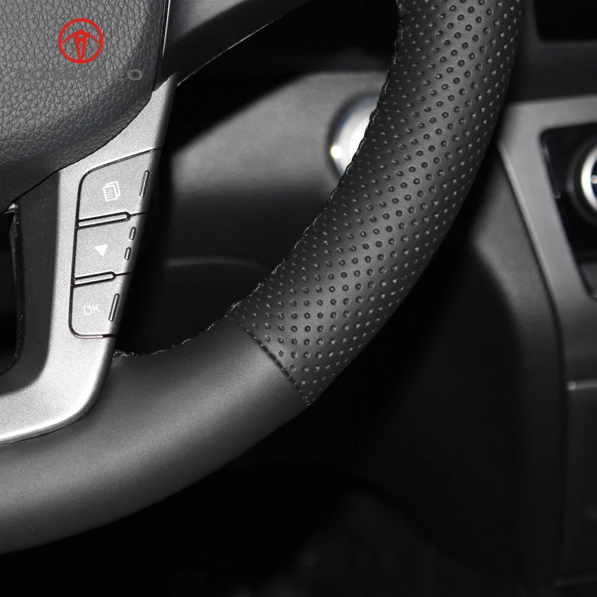 

LQTENLEO Black Genuine Leather DIY Hand-stitched Car Steering Wheel Cover for Hyundai Mistra 2013 2014