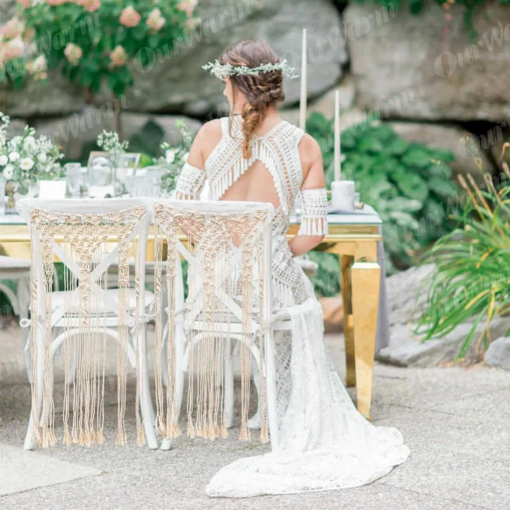 

OurWarm Rustic Wedding Chair Back Band Macrame Wall Hanging Chair Back Cover Cloth Sashes Bride Groom Wedding Party Decoration