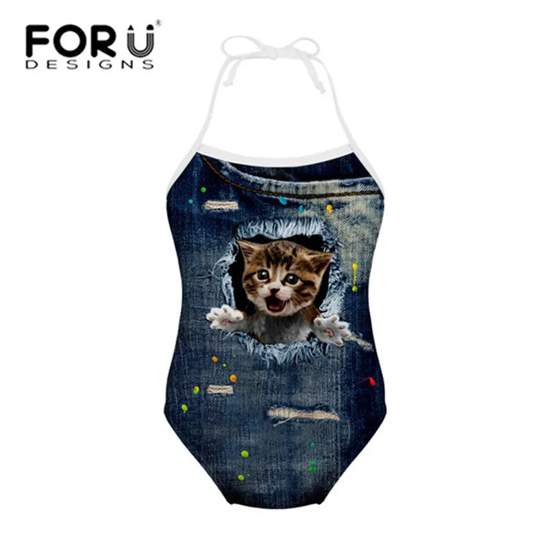 FORUDESIGNS купальник для детей Детские купальники для девочек с принтом кота, Одна деталь Детские купальники с бикини для летняя пляжная одежда - Цвет: CA4915BS