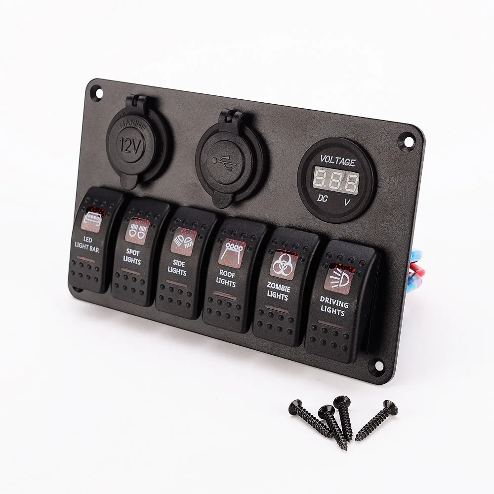 12-24V Rocker Control Patrol Dual USB Socket Power Panel Switch Car Charger Voltmeter for Yatch Camper Marine Boat Accessories