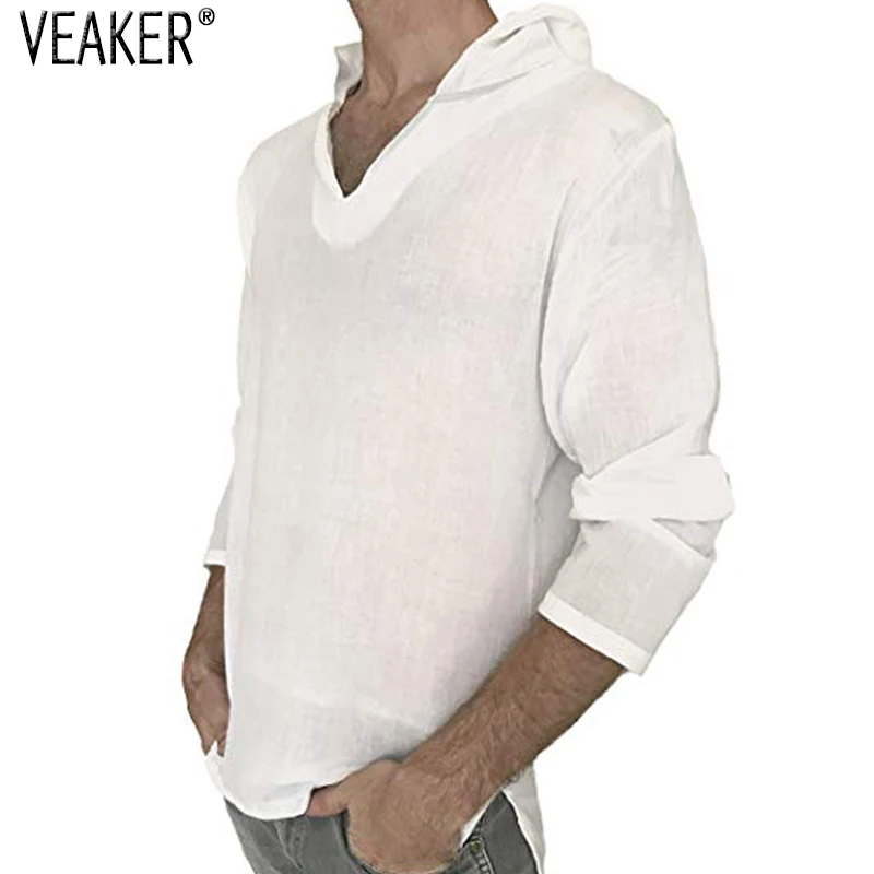 

2019 New Men's Hooded Linen T Shirt Male Autumn Long Sleeve Solid Color Pullover T shirts Men Cotton Linen White T shirt M-3XL