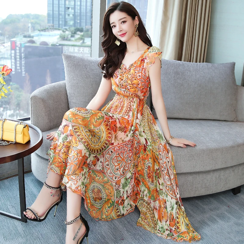 Женское платье с v образным вырезом и цветочным принтом шифоновое асимметричное