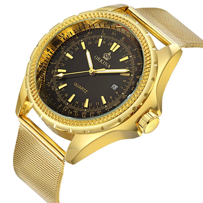 black gold Relogio Masculino ORKINA золотые мужские часы Топ Роскошные Популярные Брендовые Часы мужские Кварцевые Золотые часы спортивные мужские наручные часы - Цвет: black gold