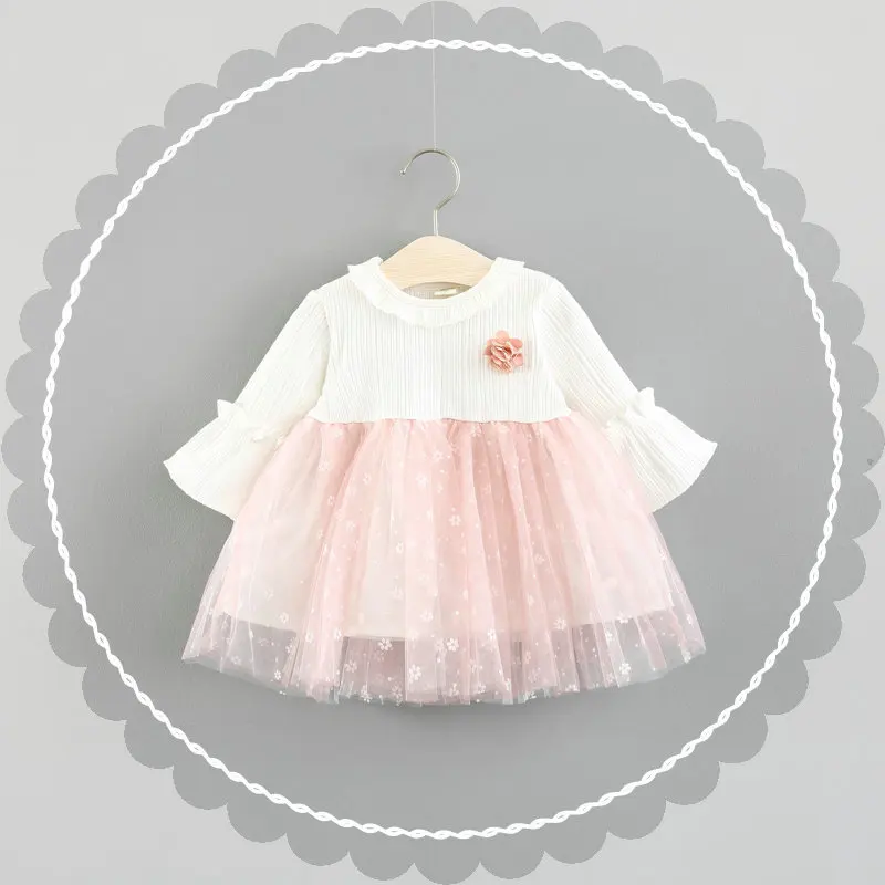 Baby girls spring autumn dress newborn baby Stitching lace for toddler fashion mesh infant cute flower clothes | Мать и ребенок