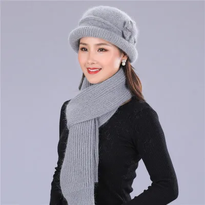 gray Hat scarf Ymsaid, Новое поступление, модная теплая шапка, шарф для женщин, зимняя шапка из кроличьей шерсти, теплая вязаная зимняя Вельветовая шапка для мамы, шарф, 2 шт - Цвет: gray Hat scarf