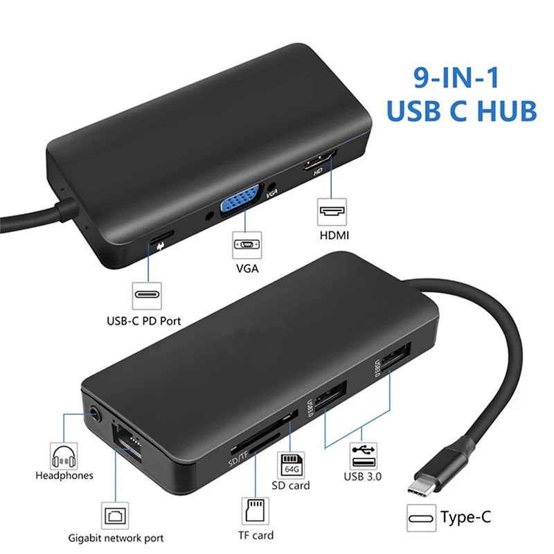 9 в 1 type C концентратор адаптер USB к HDMI 2 USB3.0 Micro SD/TF кардридер с PD XR649| |