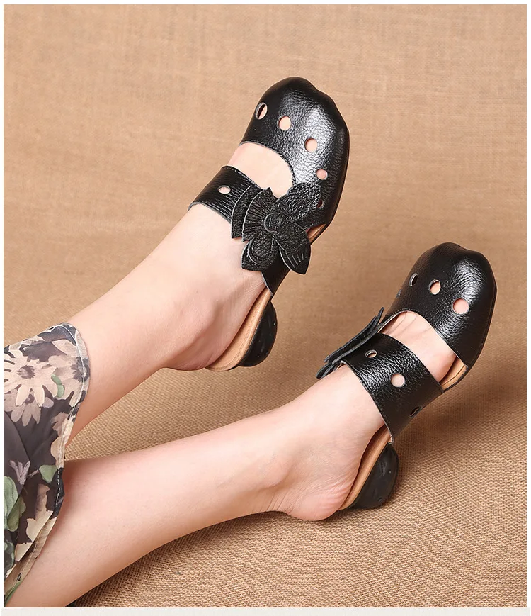 Xiuteng Hollow Sandals Flowers Pattern Genuine Leather Big Head Adjustable Daily Sandals Ladies Shoes Spring New Women Slippers