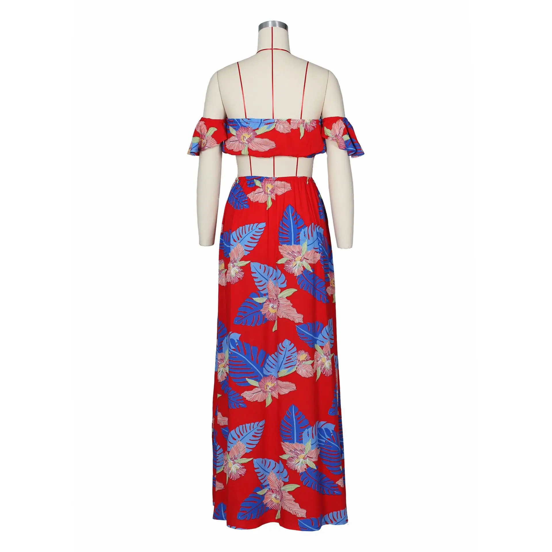 

Leaf Print Beach Women 2 Piece Set Dress Casual Strapless Crop Top and High Slit Lace Up Skirt Bandage Two Piece Set Outfits
