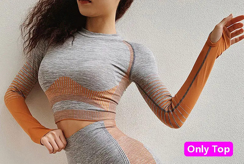 Orange Grey Top Женский бесшовный укороченный топ с длинным рукавом, оранжевые рубашки для йоги, спортзала, топы для тренировок, фитнеса, бега, Облегающая рубашка, спортивная одежда - Цвет: Orange Grey Top
