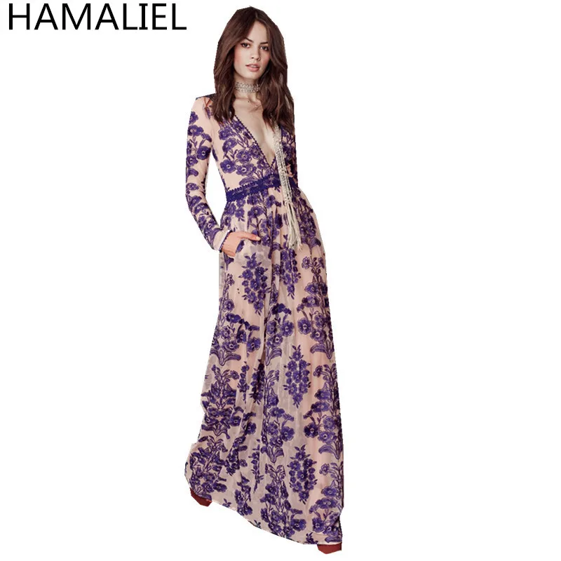 HAMALIEL 2018 Осеннее женское платье подиум вышивка длинный рукав синий и белый фарфор